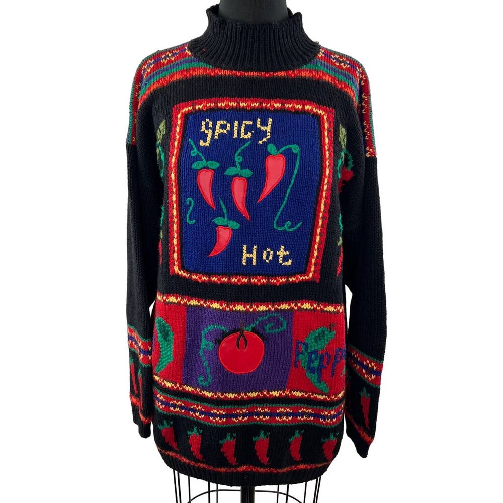 VINTAGE Karen Scott HandKnit SPICY HOT Black Long Sleeve Mock Pullover Sweater L
